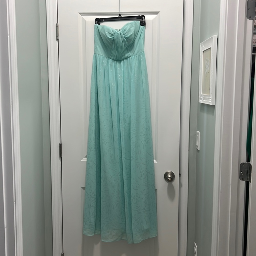 Strapless aqua dress with silver detailing